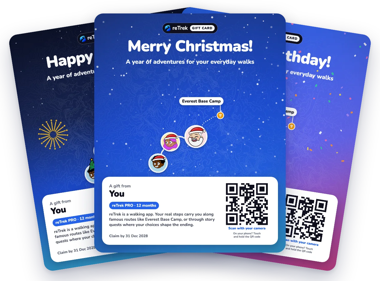 reTrek gift cards for Christmas, New Year and a birthday