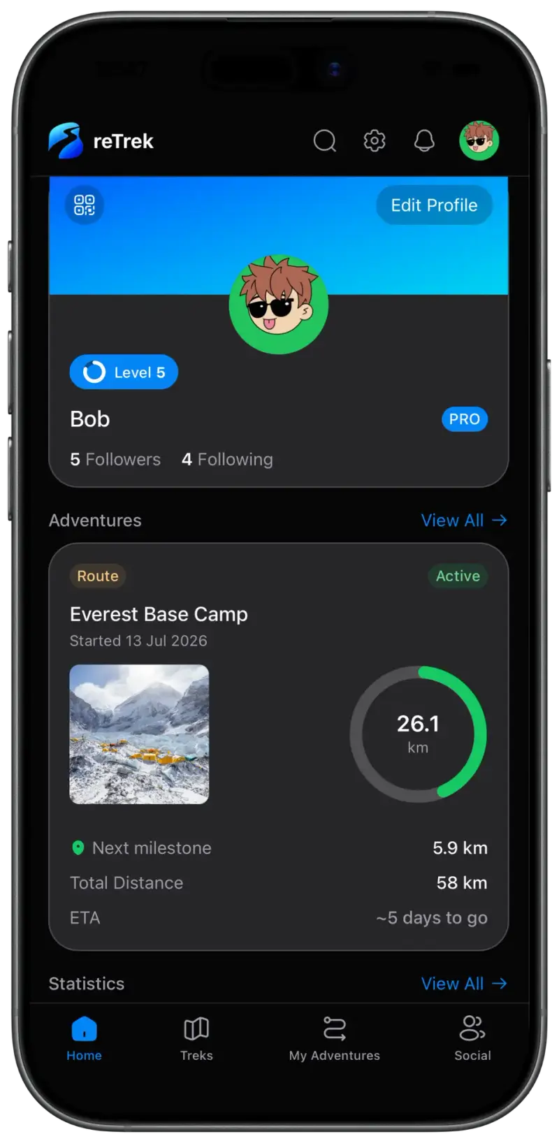 reTrek showing an active Everest Base Camp adventure with map, walked progress, and the next milestone glowing