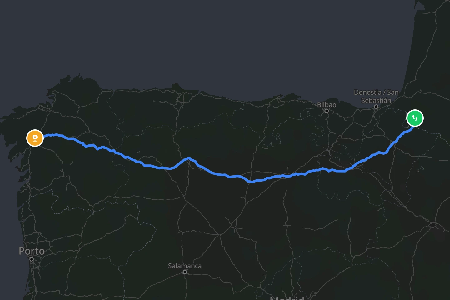 The Camino Francés drawn on a map of northern Spain, from the Pyrenees to Santiago de Compostela