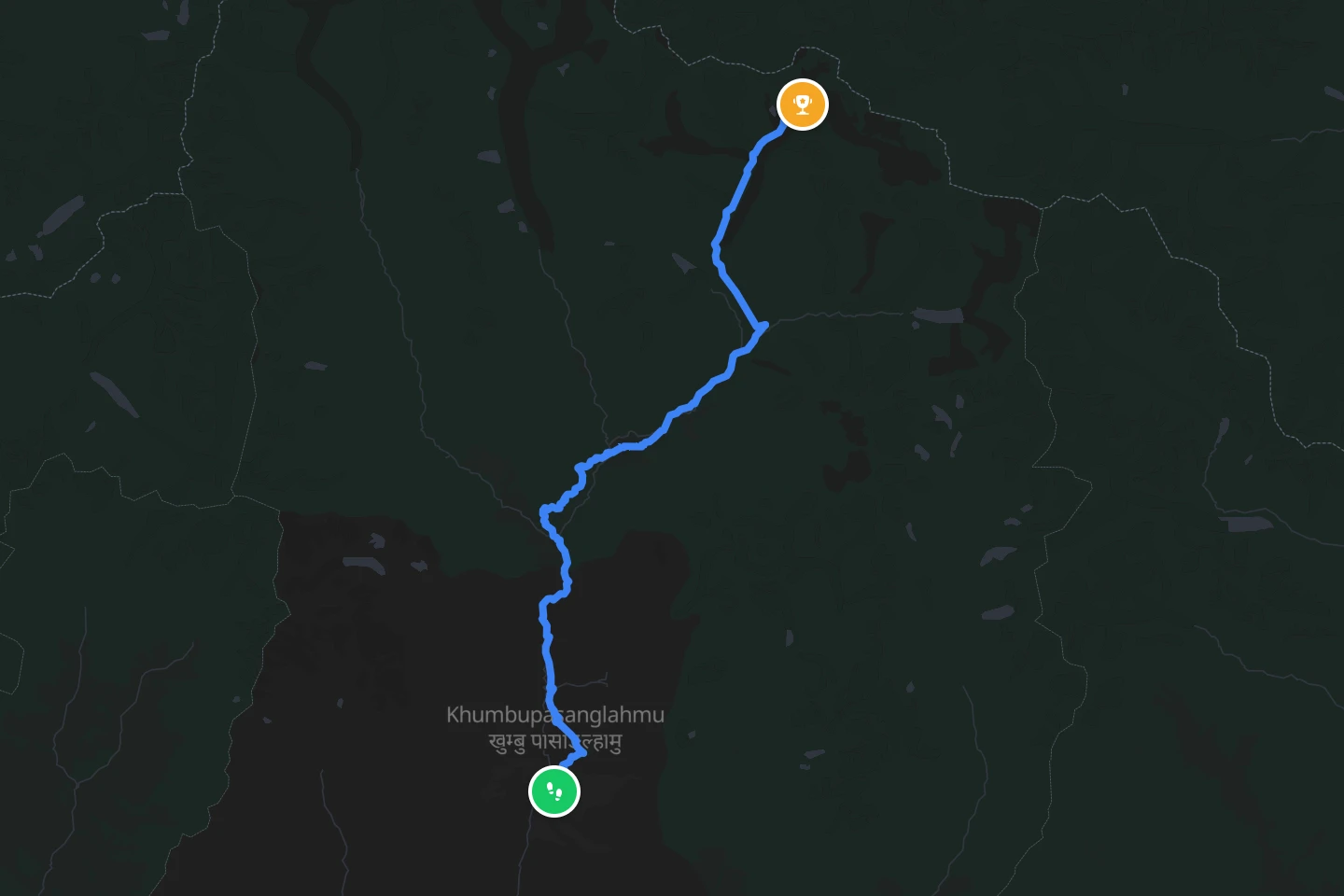 The Everest Base Camp route from Lukla up the Khumbu valley, drawn on a map