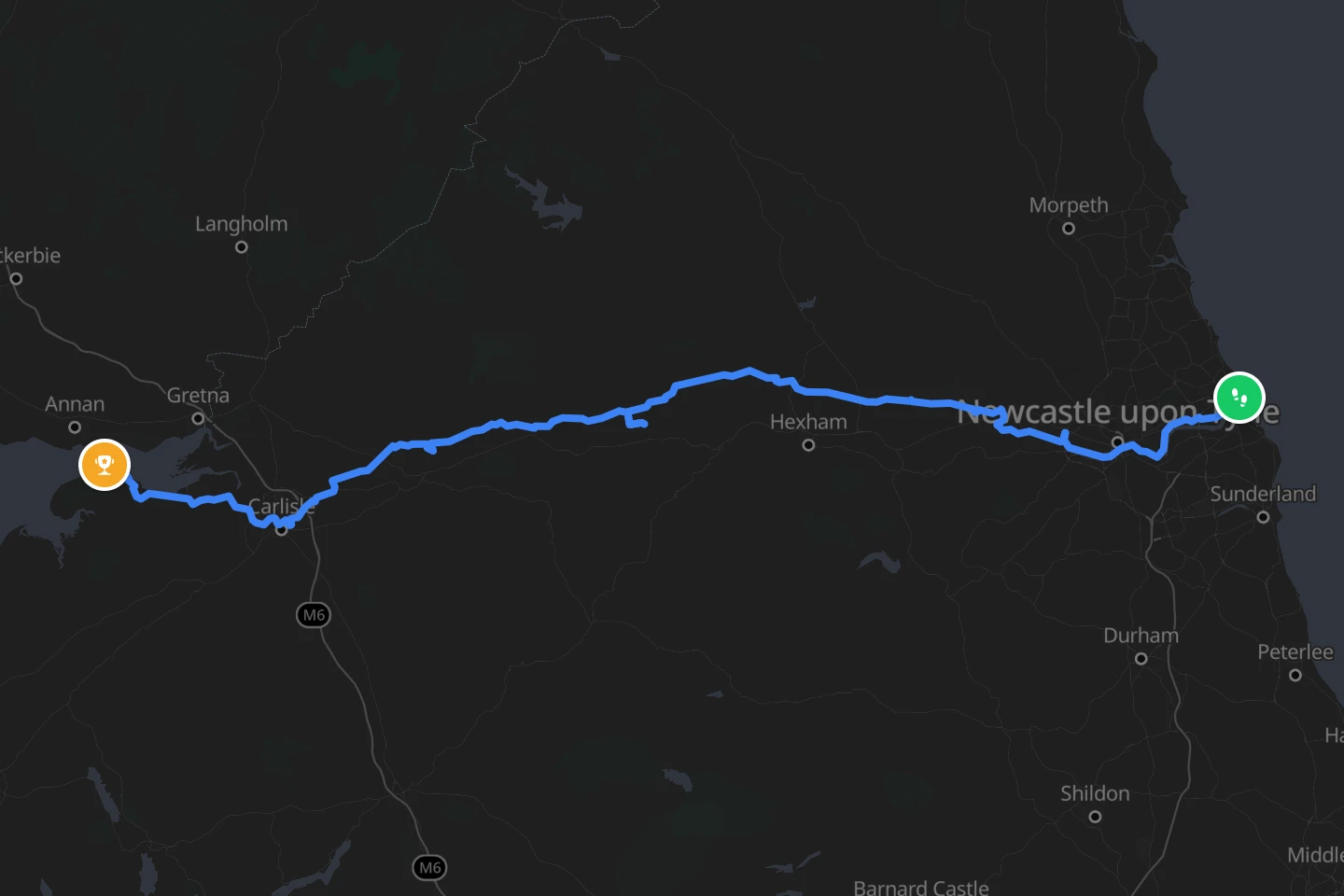 Hadrian's Wall Path drawn on a map of northern England, from the Tyne to the Solway Firth