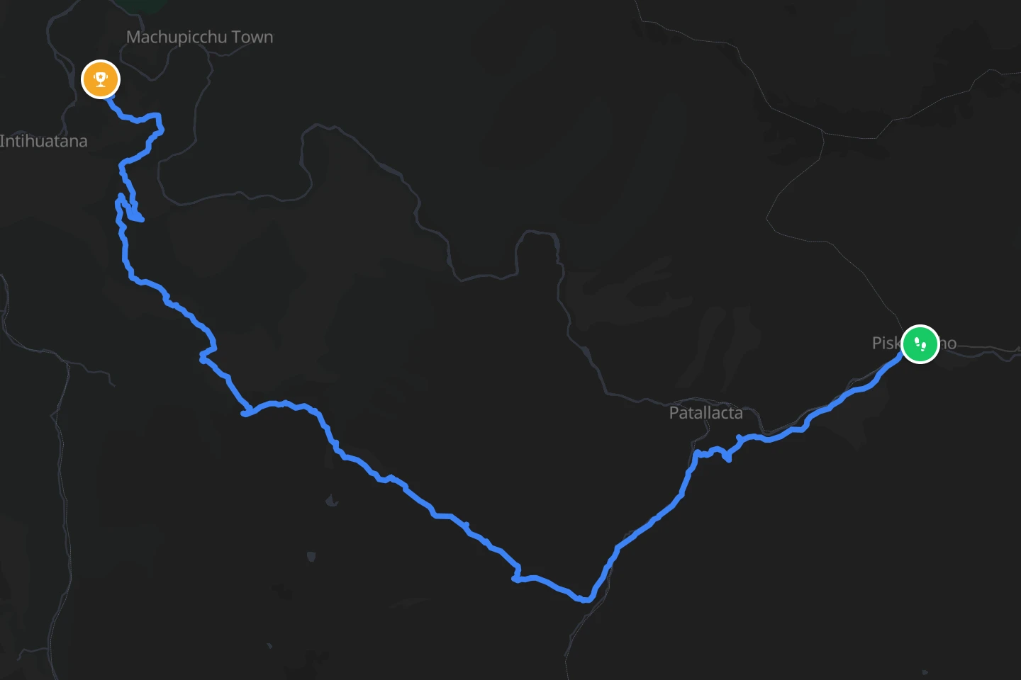 The Inca Trail drawn on a map of the Peruvian Andes, from the Urubamba River to Machu Picchu