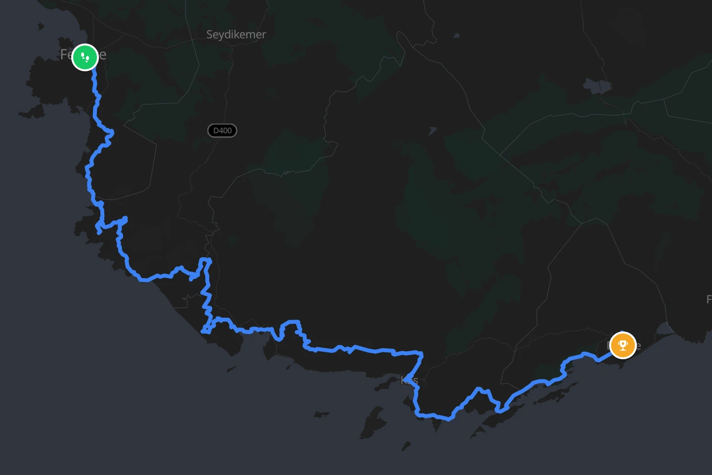 The western Lycian Way drawn on a map of Turkey's Mediterranean coast, from Fethiye to Demre