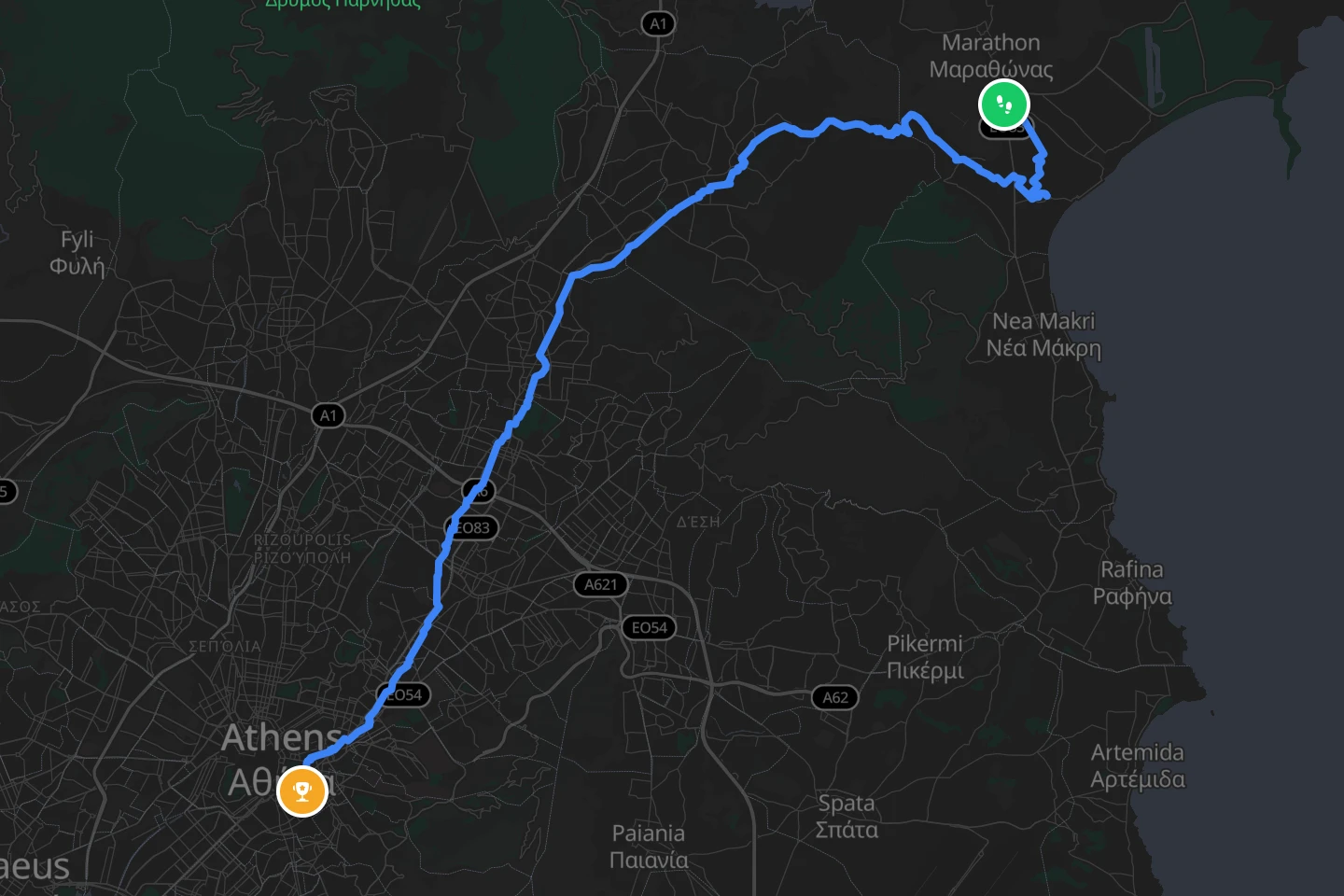 The Athens marathon course drawn on a map, from Marathon to the Panathenaic Stadium