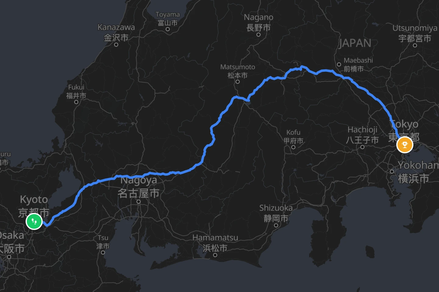 The Nakasendo drawn on a map of central Japan, from Kyoto to Tokyo through the mountains